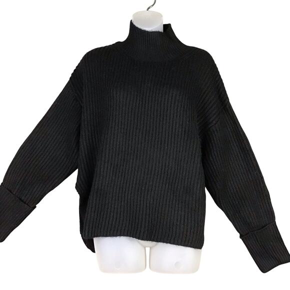 Topshop Black Mock Neck Ribbed Knit Sweater Small 4-6 Cropped Split Hem - Picture 4 of 11